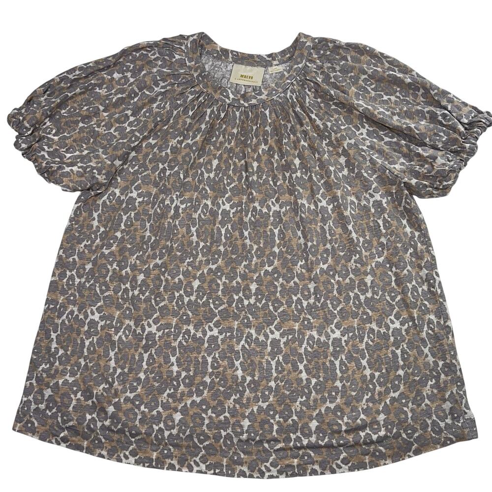 Anthropologie Maeve Top Women’s Size L Leopard Animal Print Linen Bubble Sleeves